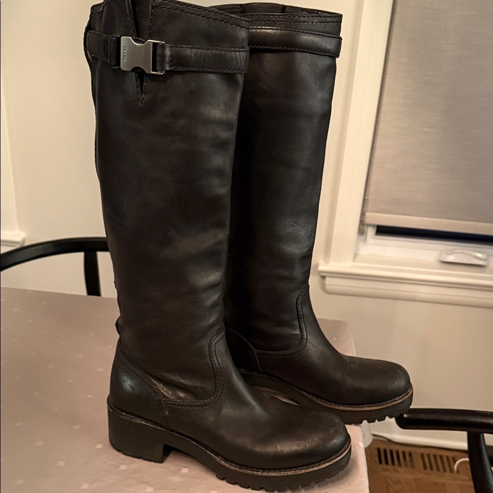 Prada Black to the Knee Boots with Buckle and Rubber Heel